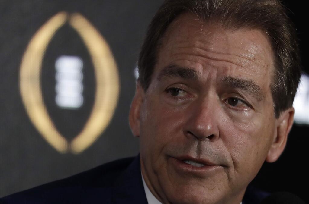 Alabama head coach Nick Saban answers questions during a news conference for the NCAA college football playoff championship game Sunday, Jan. 8, 2017, in Tampa, Fla. (AP Photo/Morry Gash)
