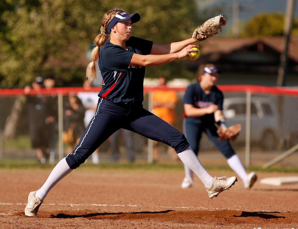 Rancho Cotate's Kaylee Drake pitches during the sixth inning against Montgomery high school in Santa Rosa on Thursday, April 25, 2019. (Alvin Jornada / The Press Democrat)