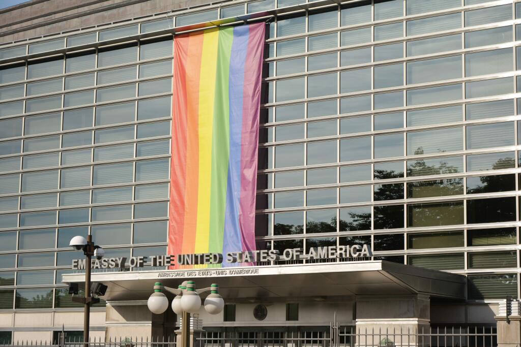 A rainbow flag hangs in front of the U.S. embassy in Ottawa, Canada in 2014. The State Department denied diplomatic requests to fly the flag outside American diplomatic missions in 2019.