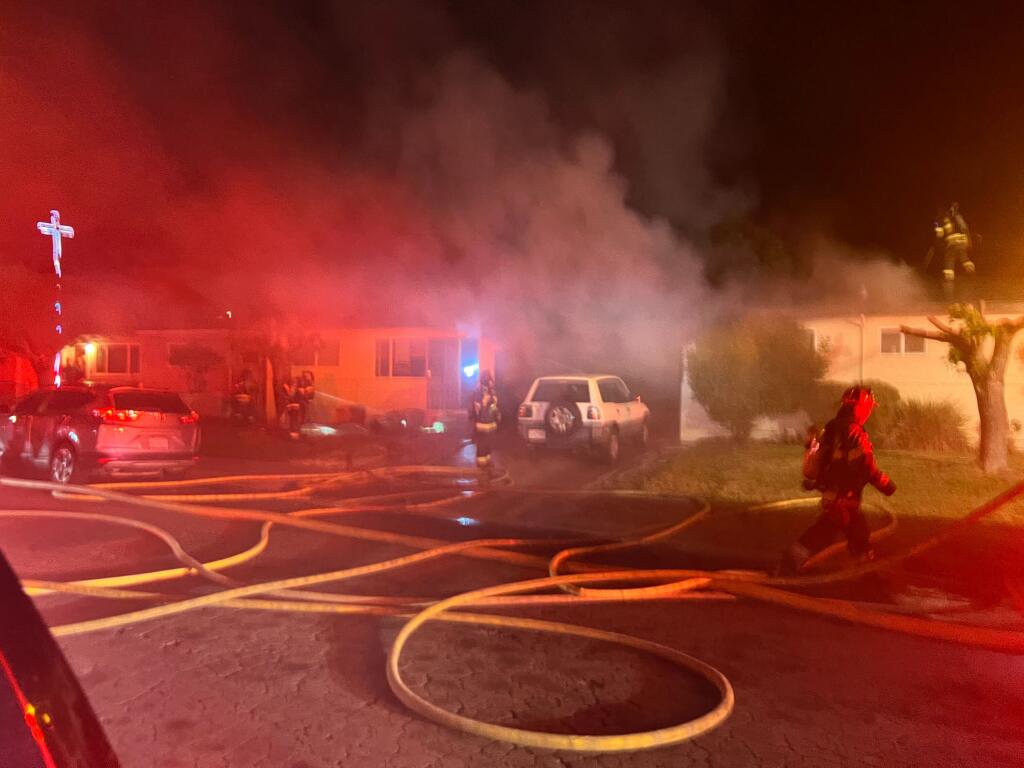 The Santa Rosa Fire Department responded Tuesday night, May 2, 2023,  to a garage fire in the 500 block of Greenwood Drive. The fire destroyed the items in the unit, including a Chevrolet Camaro and an ’81 Ford Thunderbird. (Santa Rosa Fire Department)