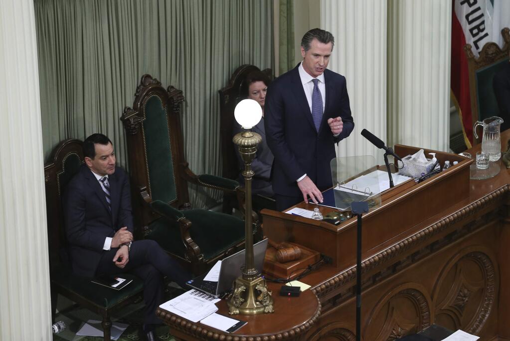 California Gov. Gavin Newsom delivers his first State of the State address Tuesday at the Capitol. (RICH PEDRONCELLI / Associated Press)