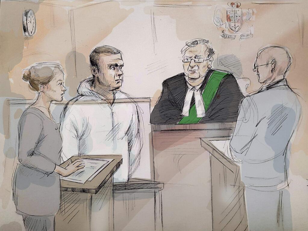 In this courtroom sketch, Duty counsel Georgia Koulis, from left, Alek Minassian, Justice of the Peace Stephen Waisberg, and Crown prosecutor Joe Callaghan appear in court in Toronto on Tuesday, April 24, 2018. Alek Minassian, who plowed a van into a crowded Toronto sidewalk, was ordered held Tuesday on 10 counts of murder and 13 of attempted murder. (Alexandra Newbould/The Canadian Press via AP)