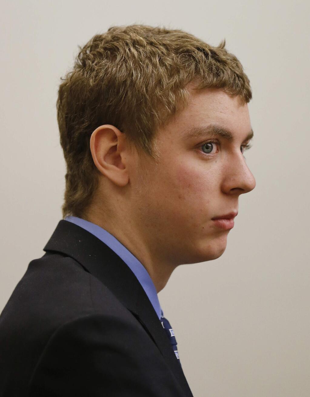 In this March 30, 2015 photo, Brock Turner appears in the Palo Alto, Calif., branch of Santa Clara County Superior Court court for a status hearing. A California judge under fire for a light sentence given to a Stanford University swimmer has recused himself from making his first key decision in another sex crimes case. The judge is the target of a recall campaign that started in June after he sentenced former Stanford swimmer Brock Turner, 20, to six months in jail for sexually assaulting an intoxicated woman who passed out behind a trash bin after a fraternity party. (Gary Reyes/San Jose Mercury News via AP, File) MANDATORY CREDIT