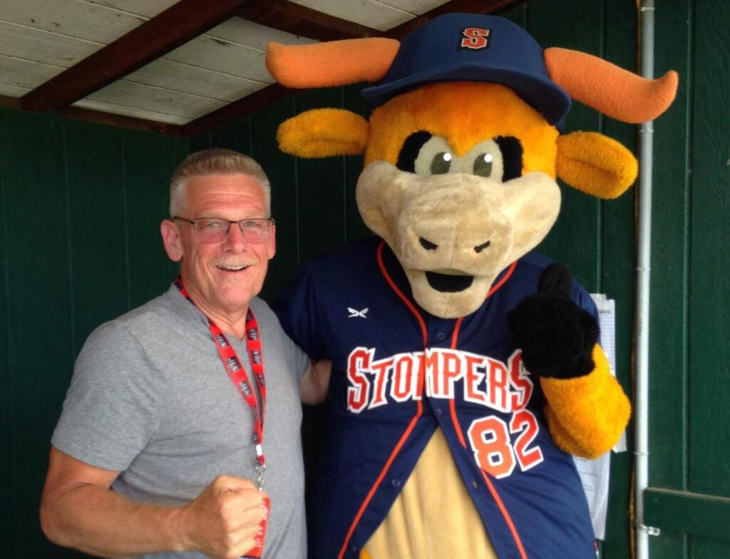 Stompers' announcer Tony Dunia says goodbye to team mascot Rawhide at one of their last games together. Dunia has been 'called up' to the Sacramento River Cats, the Triple-A affiliate of the San Francisco Giants.