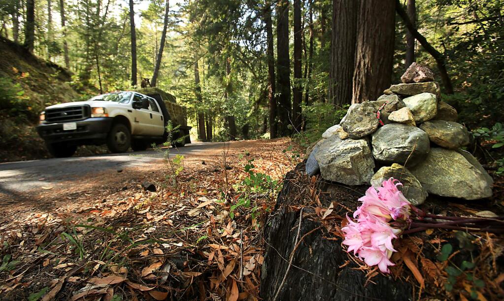 Near the bottom of Hauser Bridge Road in northwest Sonoma County, a memorial of stacked rocks and flowers has sprung up at the site in which a cyclist in Levi's King Ridge GranFondo was killed after losing control of his bike and crashing during the charity ride on Saturday, Oct. 3, 2015. (Kent Porter / Press Democrat)