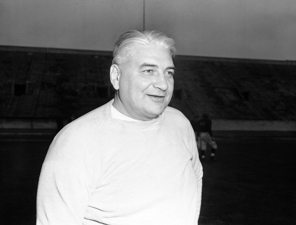 Chicago Bears football coach Lynn (Pappy) Waldorf, shown on Dec. 15, 1948 as he watched his 'Bears' drill for Rose Bowl battle. (AP Photo/ Ernest K. Bennett)