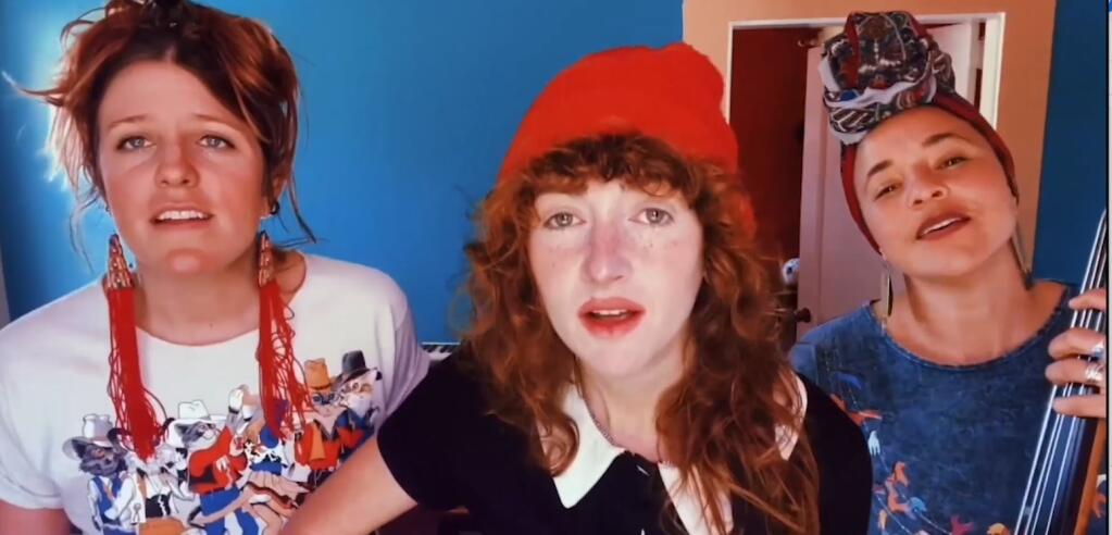 The Bodega Bay-based folk trio, Rainbow Girls, made up of Erin Chapin, Caitlin Gowdey and Vanessa May, sang their song “Free Wine,” written during the stay-at-home portion of the pandemic. (Screenshot)
