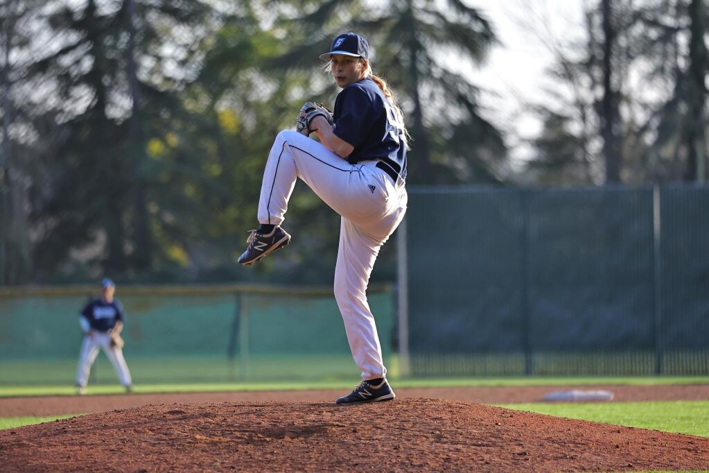 Marika Lyszczyk, a first-semester junior at Sonoma State University and a member of the Seawolves’ bullpen, pitches during a recent game. (Justin Ferrari, Sonoma State University Athletics)