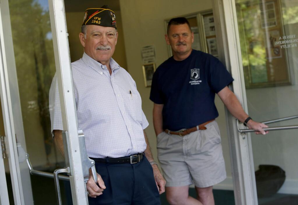 Ret. Navy Capt. Bob Piazza, left, the Judge Advocate of VFW Post 1943, and Air Force veteran Terry Leen, the Vice Chairman of the Sonoma County Veterans Advisory Committee, at the Sonoma Valley Veterans War Memorial building on Monday, July 6, 2015 in Sonoma, California . (BETH SCHLANKER/ The Press Democrat)