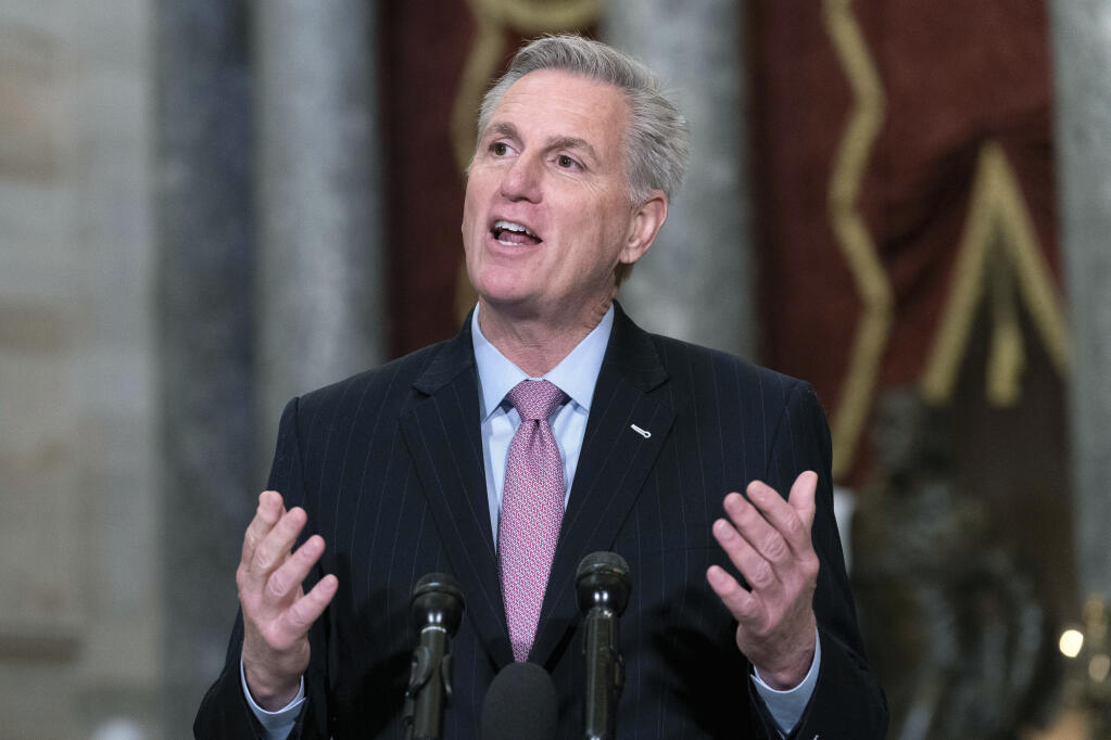 FILE -Speaker of the House Kevin McCarthy, R-Calif., speaks during a news conference in Statuary Hall at the Capitol in Washington, Jan.12, 2023. (AP Photo/Jose Luis Magana, File)