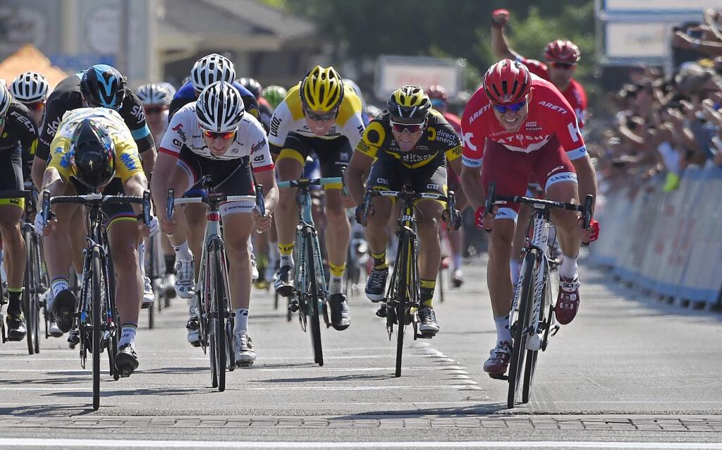 Alexander Kristoff, right, of Norway, takes third place, just ahead of Perter Sagan, left, of Slovakia, in Stage 2 of the Amgen Tour of California cycling race, Monday, May 16, 2016, in Santa Clarita, Calif. (AP Photo/Mark J. Terrill)