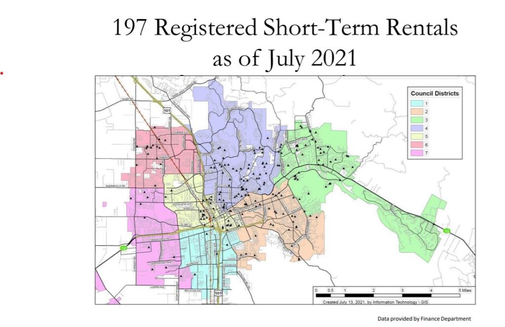 A map created by city officials indicating the distribution of 197 registered short term rentals as of July 2021. Officials at the time believed as many as 150 more properties were unregistered short term rentals. (City of Santa Rosa)