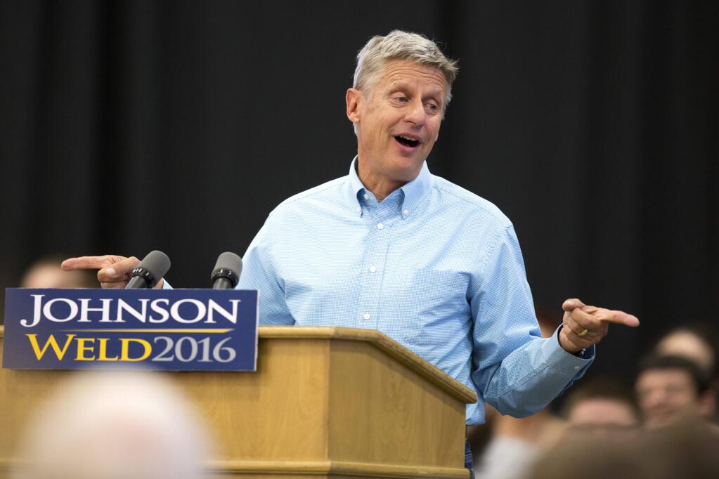 FILE - In this Sept. 3, 2016 file photo, Libertarian presidential candidate Gary Johnson speaks during a campaign rally in Des Moines, Iowa. Johnson had another self-described “Aleppo moment” on Wednesday, Sept. 28, 2016, after he couldn't come up with a name when asked by MSNBC host Chris Matthews who his favorite foreign leader is. (AP Photo/Scott Morgan, File)