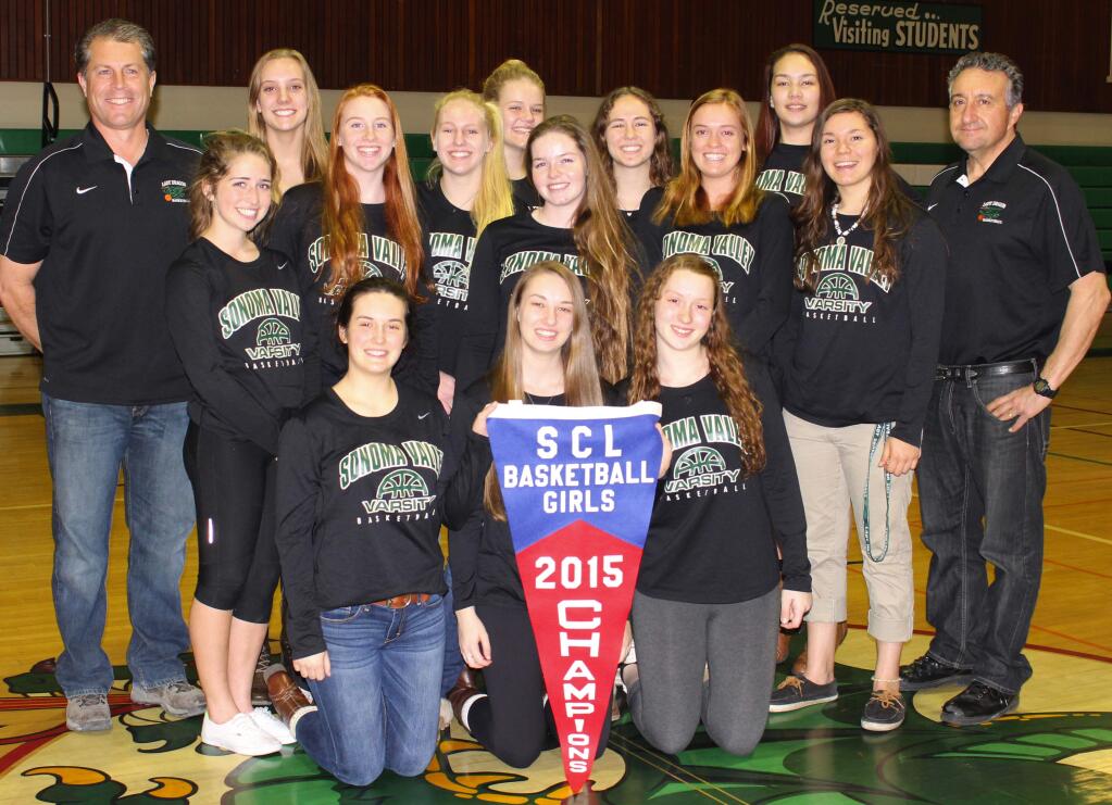 Submitted photoThe 2014-15 Sonoma Valley High School varsity girls' basketball team, which recently won the school's first outright Sonoma County League girls' title in 31 years, consisted of (holding banner, front row, from left) seniors Sierra Lilly, Alexa Hall, Shelby Camilleri; (standing, back row, from left) assistant coach Dino Minatta, junior Heidi Landeros, junior Renee O'Donnell, sophomore Kayla Field, junior Sami Von Gober, sophomore Grace Cutting, junior Bella Bollman, junior Annie Greenslade, junior Emma Stanfield, junior Jenny Eggers, junior Rocky Darnell, head coach Sil Coccia. Not pictured: Assistant coach Sheila Brady.