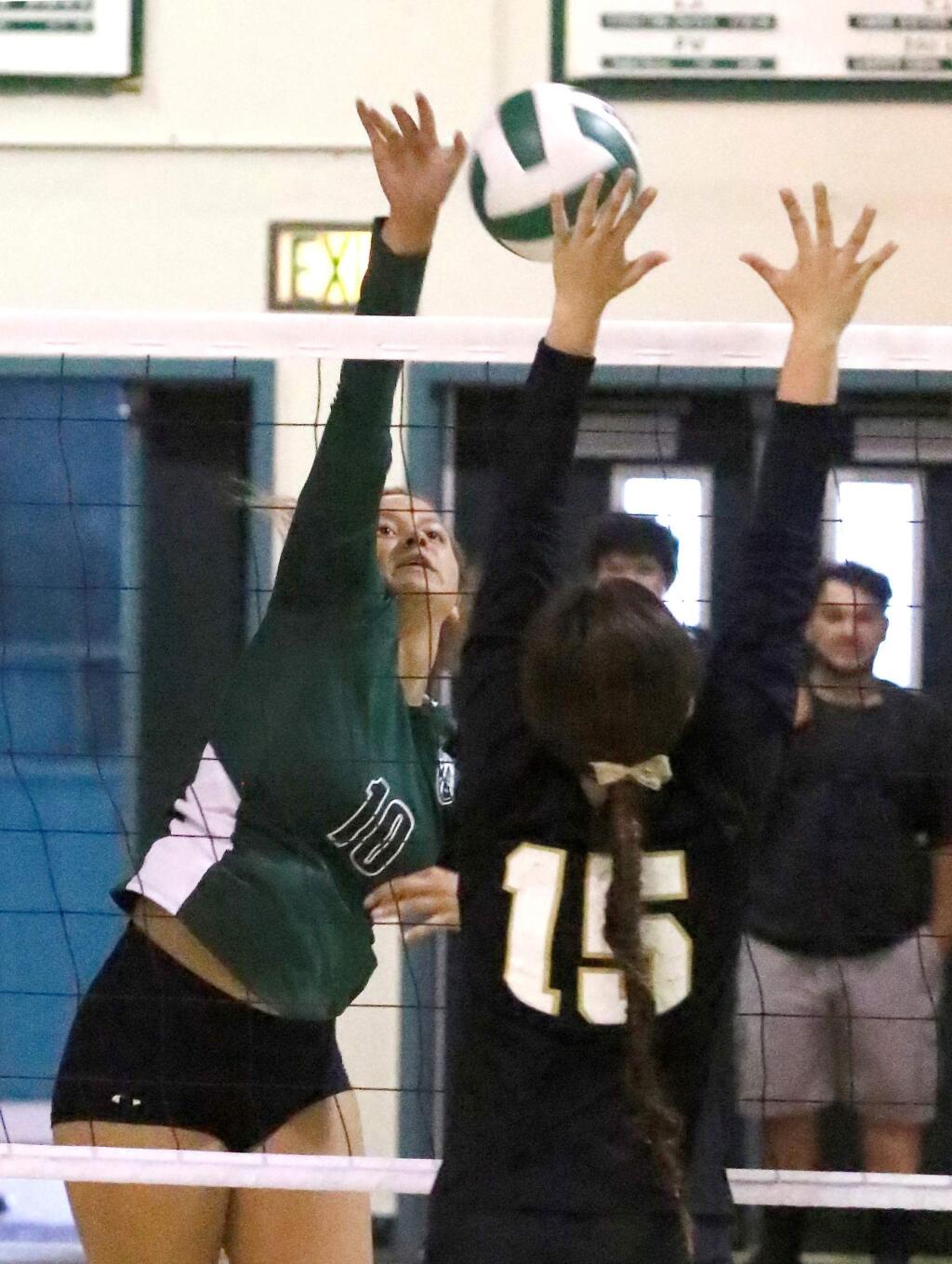 Senior Gianna Bruton keeps making plays at the net the lead the Sonoma Valley Dragons to a winning season in the VVAL. She is one of three seniors on the team - including Angelina Carabini and Alondra Martinez - who are giving it all for the school team this year. (BIll Hoban/Special to the Index-Tribune)