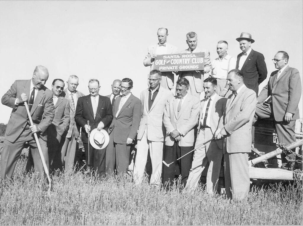 Directors of Santa Rosa's original golf club broke ground 45 years ago for their new course southwest of town. The names of the 1956 directors are, for old Santa Rosans, an exercise in nostalgia. On the ground, left to right: Judge Hilliard Comstock, Henry Trione, Galen Lee, Elmer Reed, builder Joe Wasson, Justin Steward, Don Christie, Ed Stewart, Kenneth Eymann and Ralph Stone. Upper row, left to right, Ed Healey, John Gaspari, Lee Ramondo,who owned the ranch where the club was built, Jim Hurley and Charles Warren. (PD FILE)
