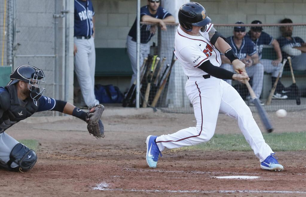Bill Hoban/Index-TribuneStompers' Kam Stewart hit a game-winning two-run home run in Wednesday night's game against the San Rafael Pacifics. The Stompers host the Martinez Clippers Friday before going on the road for a week.