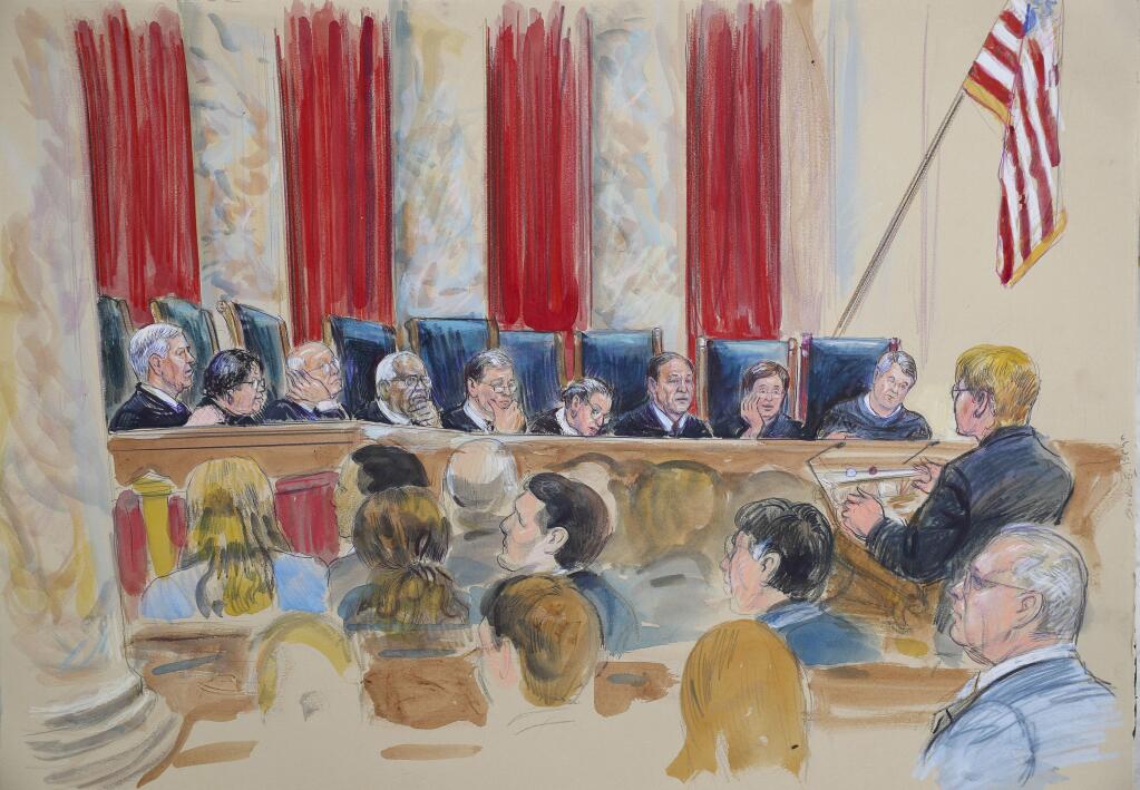 This courtroom sketch depicts Attorney Brenda G. Bryn, far right standing, speaking in front of from l-r, Associate Justice Neil Gorsuch, Associate Justice Sonia Sotomayor, Associate Justice Stephen Breyer, Associate Justice Clarence Thomas, Chief Justice of the United States John Roberts, Associate Justice Ruth Bader Ginsburg, Associate Justice Samuel Alito Jr., Associate Justice Elena Kagan and Associated Justice Brett Kavanaugh, at the Supreme Court in Washington, Tuesday, Oct. 9, 2018. Also present as a guest of the court is retired Associate Justice Anthony Kennedy, lower right hand corner seated. (Dana Verkouteren via AP)
