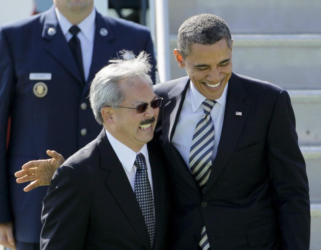 FILE- In this Oct. 25, 2011 file photo, President Barack Obama laughs after being met by San Francisco Mayor Ed Lee, left, upon his arrival at San Francisco International airport in San Francisco. Mayor Lee, who oversaw a technology-driven economic boom in San Francisco that brought with it sky-high housing prices despite his lifelong commitment to economic equality, died suddenly early Tuesday, Dec. 12, 2017, at age 65. (AP Photo/Eric Risberg, File)