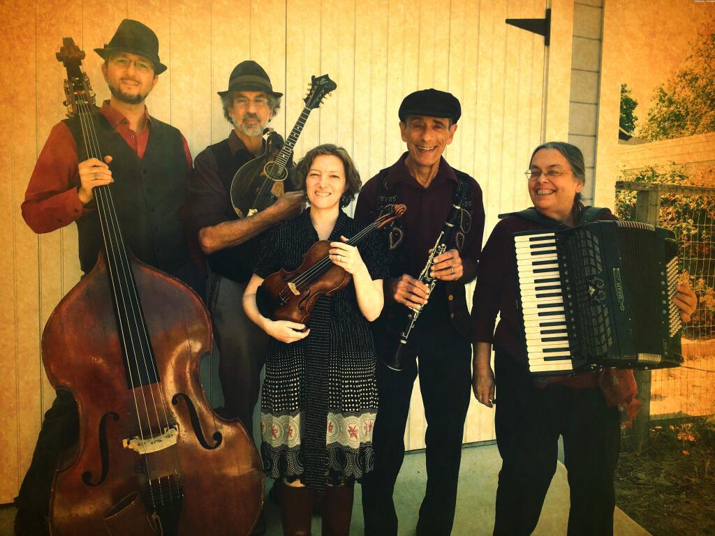 The Jubilee Klezmer Ensemble, with founding member Paul Alexander, playing clarinet (second from right, and Sonia Tubridy on accordion (far right).