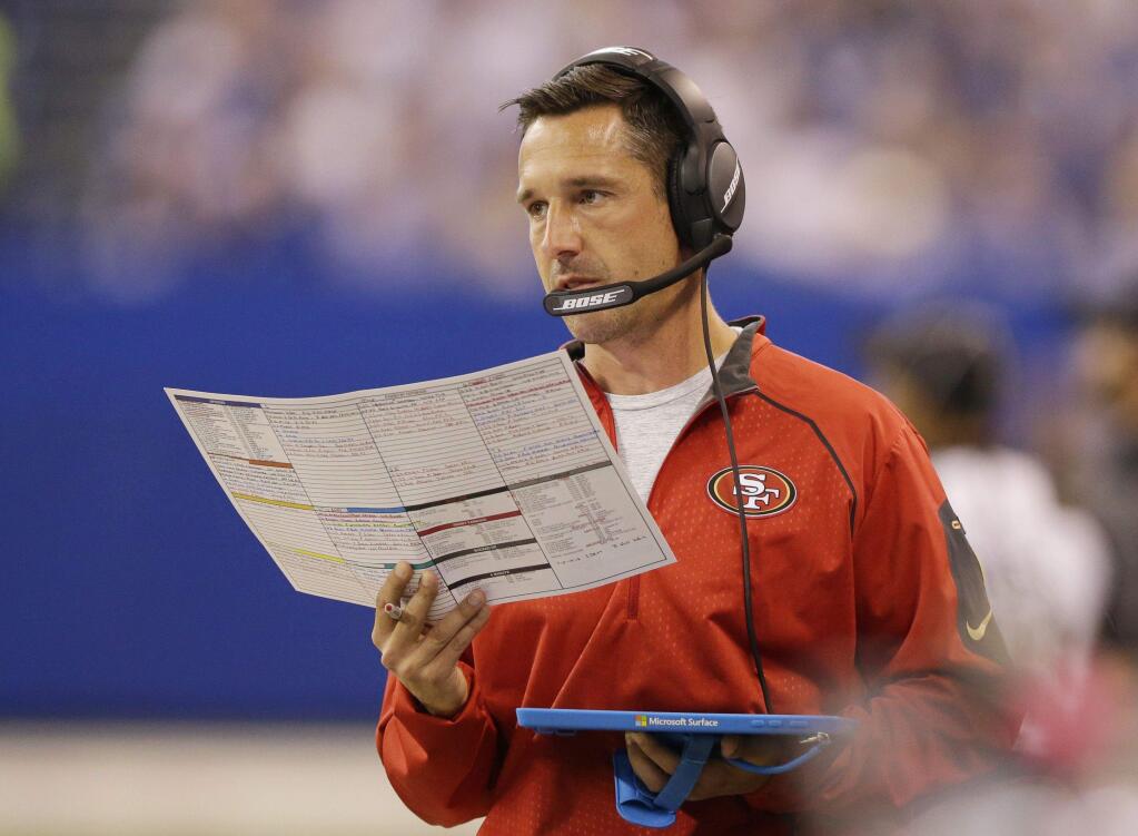 San Francisco 49ers head coach Kyle Shanahan watches during the first half of an NFL football game Indianapolis Colts, Sunday, Oct. 8, 2017, in Indianapolis. (AP Photo/Michael Conroy)