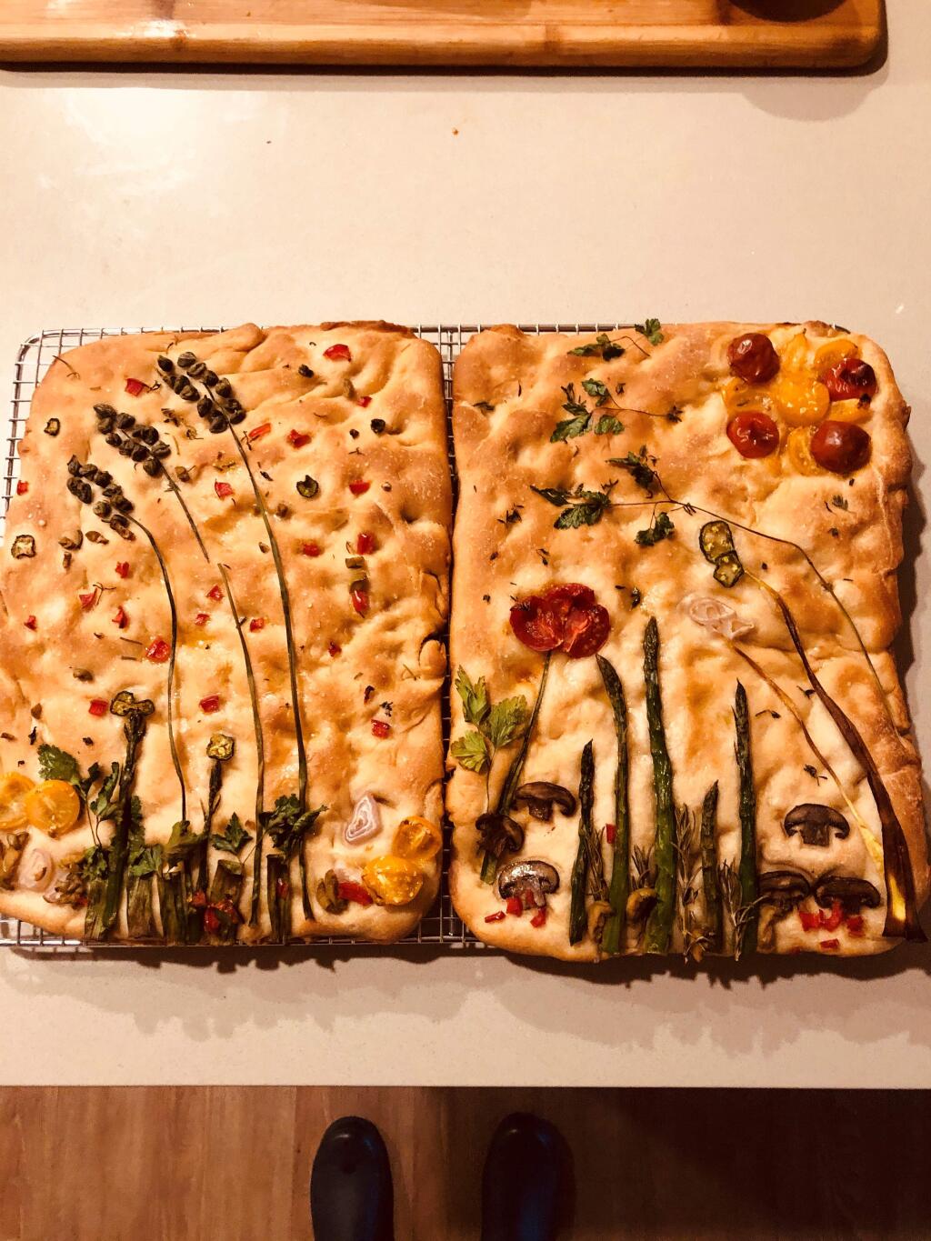 This foccacia bread was made with sourdough starter that came from Alaska and now resides with Steve Kyle of Sonoma. Kyle's niece baked this.