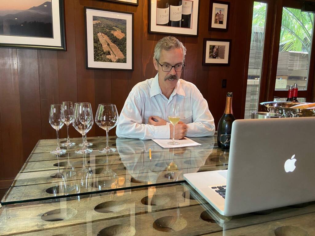 Hugh Davies, proprietor of Napa Valley’s Schramsberg Vineyards, conducts a private virtual tasting via video conference in 2020. Direct-to-consumer marketing experts say that remote tastings have been a critical lifeline for small wineries dependent on tasting rooms to connect with customers, but these consultants say that these virtual experiences should be part of an overall strategy of customer acquisition and retention. (courtesy of Schramsberg Vineyards)