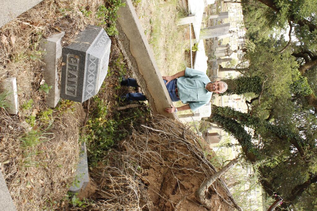 PHOTO: 1 by ANN CARRANZA / For The Press Democrat-Jim Dreisback stands next to a tree that fell in Oak Mound Cemetery, disturbing gravesites. The oak's root ball had a 48-inch diameter.