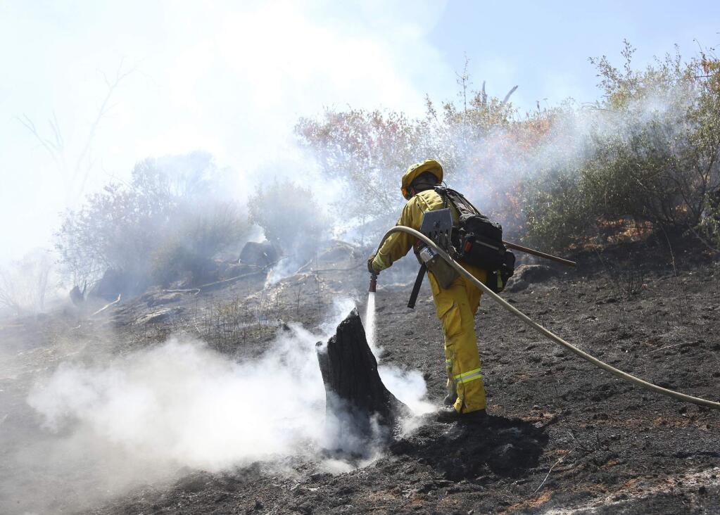 A Cal Fire firefighter douses the smoldering stump of a tree along the steep terrain of a vegetation fire near Lake of the Pines along Wild Iris Lane, Tuesday, Aug. 6, 2019, in Grass Valley, Calif. (Elias Funez/The Union via AP)