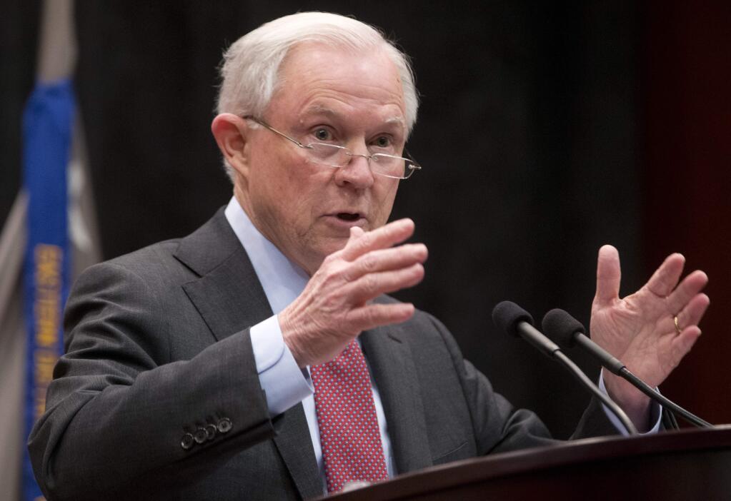 Attorney General Jeff Sessions gestures during a speech before law enforcement officers in Richmond, Va., Wednesday, March 15, 2017. (AP Photo/Steve Helber)