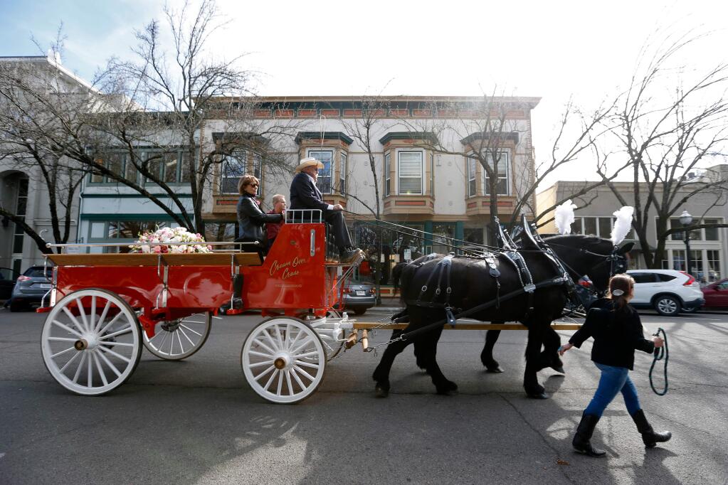 A horse-drawn carriage carrying the casket of Walter Murray drives along Matheson Street, around Healdsburg Plaza, during a funeral procession for the long-time Healdsburg resident on Saturday, February 6, 2016. Walter Murray, one of Healdsburg's most beloved citizens, lived all his 103 years in the town and lived in the same house for 100 years. (Alvin Jornada / The Press Democrat)