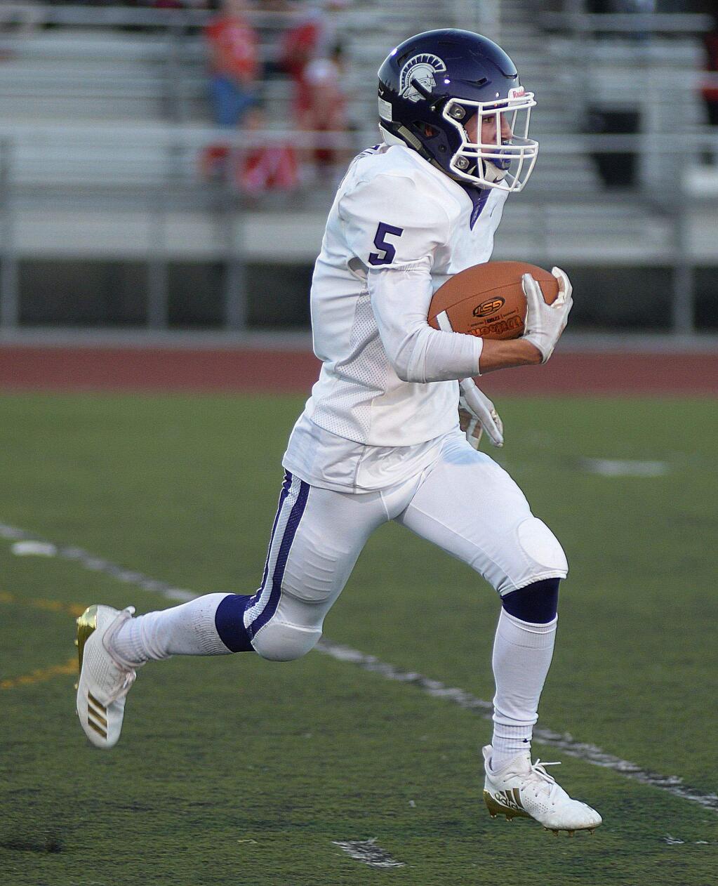 SUMNER FOWLER/FOR THE ARGUS-COURIERGarrett Freitas led another Petaluma win over Montgomery, intercepting two passes and breaking a 61-yard touchdown run.