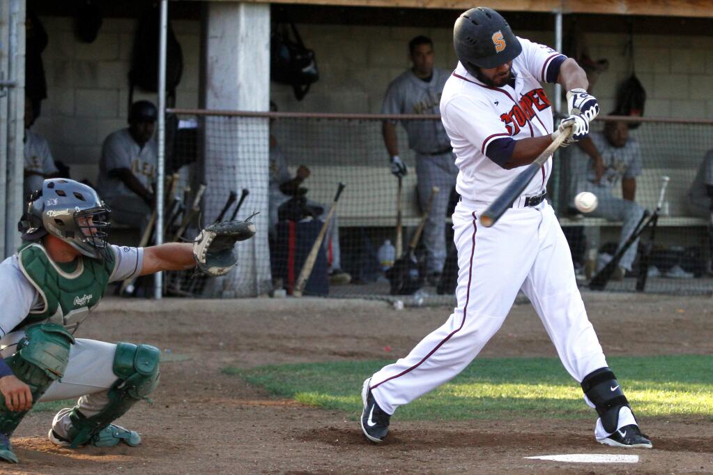 Bill Hoban/Index-TribuneStompers' Joel Carranza makes contact in a recent game against Vallejo. On Saturday, Carranza went 5-for-6, with two home runs and 7 RBIs. The Stompers travel to Pittsburg for games tonight, Wednesday and Thursday before returning to Arnold Field on Friday.