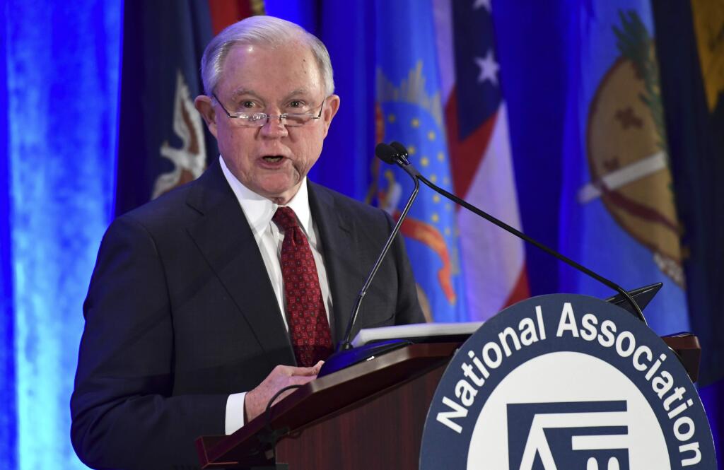 FILE -- In this Tuesday Feb. 27, 2018 file photo is Attorney General Jeff Sessions speaking at the National Association of Attorneys General Winter Meeting in Washington. Sessions will speak before the California Peace Officers Association, Wednesday, March 7, to make what's being billed as a major announcement about sanctuary policy. (AP Photo/Susan Walsh, file)