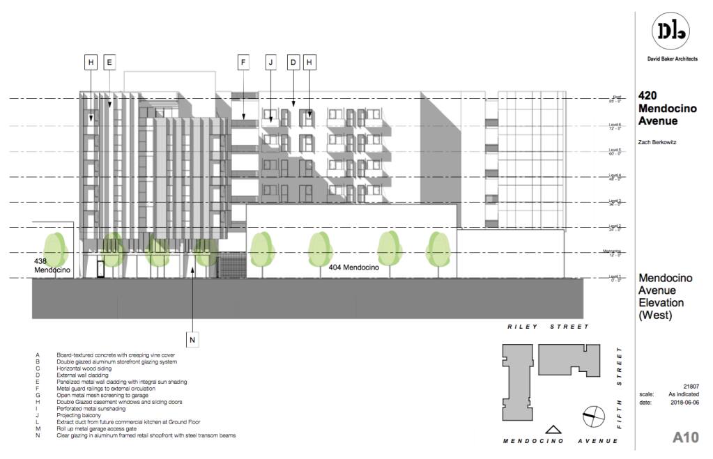 A side view of the proposed six-story residential building at 420 Mendocino Avenue, 433 Riley Street, and 611 Fifth Street in Santa Rosa. (Zach Berkowitz / David Baker Architects)