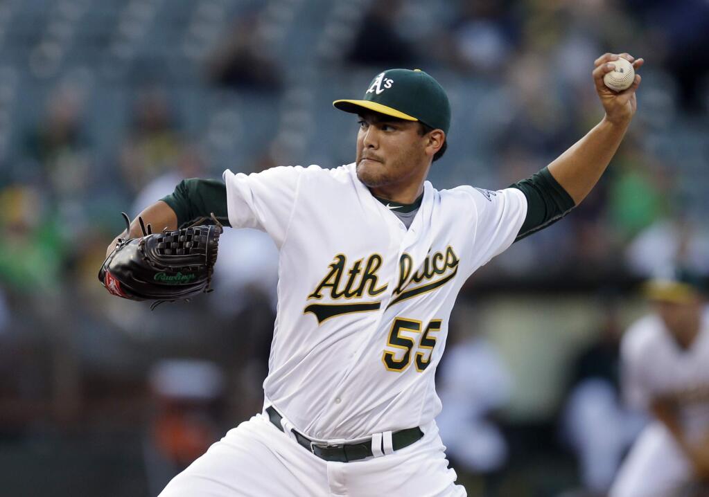 Oakland Athletics pitcher Sean Manaea works against the Detroit Tigers in the first inning Friday, May 27, 2016, in Oakland. (AP Photo/Ben Margot)
