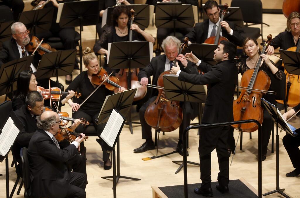 Francesco Lecce-Chong conducts the Santa Rosa Symphony as they perform Mozart's Symphony No. 40 in G minor, K. 550 at the Green Music Center in Rohnert Park on Sunday, Jan. 13, 2019. (BETH SCHLANKER/ PD)