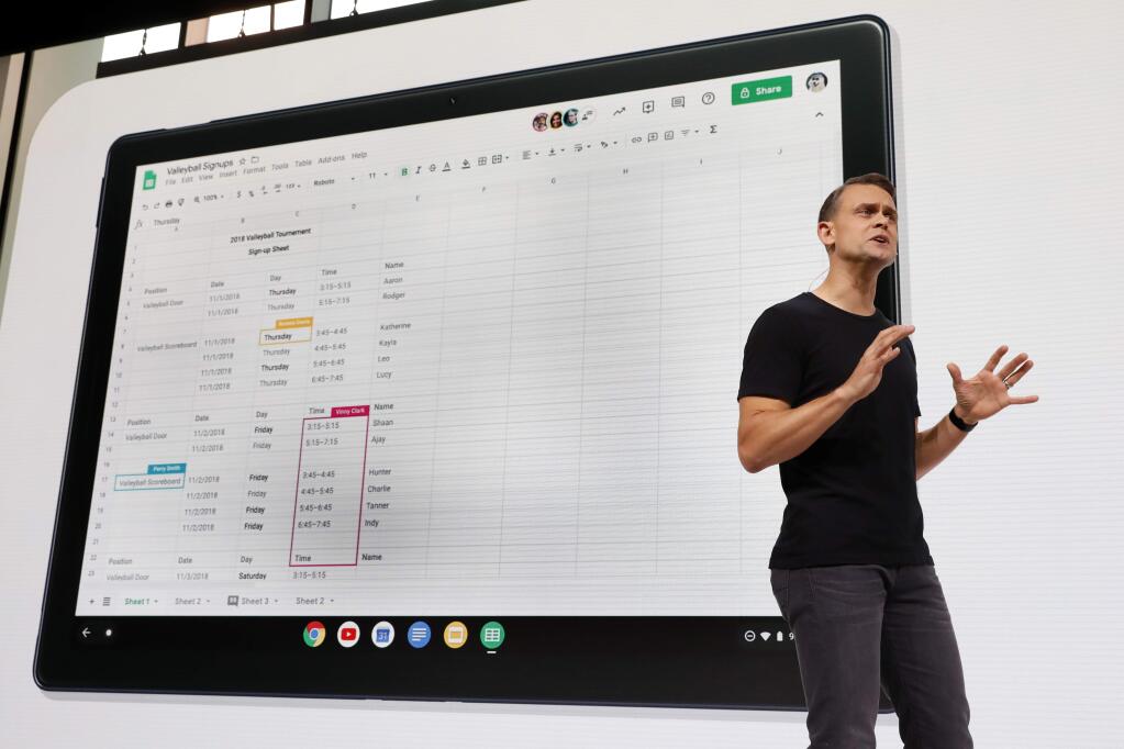 Trond Wuellner, Google's Director of Product Management, talks about the Pixel Slate during a presentation in New York, Tuesday, Oct. 9, 2018. Google introduced two new smartphones in its relentless push to increase the usage of its digital services and promote its Android software that already powers most of the mobile devices in the world. (AP Photo/Richard Drew)