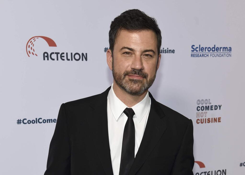 FILE - In this June 16, 2017, file photo, Jimmy Kimmel attends the 30th annual Scleroderma Foundation Benefit at the Beverly Wilshire hotel in Beverly Hills, Calif. Kimmel held his baby son as he returned to his late-night son from a week off for the boy's heart surgery. He was crying from the first moment of his monologue Monday night, Dec. 11, as he pleaded with Congress to restore and improve children's health coverage, a cause he has championed since son Billy was born with a heart defect in April. (Photo by Chris Pizzello/Invision/AP, File)