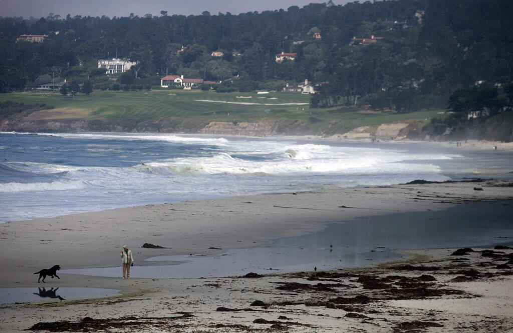 File - In this Sept. 22, 2011 file photo, a walker and her dog make their way past a new lagoon after a large swell pushed water and kelp up onto Carmel Beach in Carmel, Calif. Several beaches along California's Central Coast are closed after nearly five million gallons of sewage spilled into the ocean in Monterey County. The county's Environmental Health Department says the massive spill was stopped Saturday, Jan. 21, 2018, at the Monterey One Water wastewater treatment facility. At least eight beaches are closed in the area about 110 miles south of San Francisco. (David Royal, Monterey County Herald via AP)