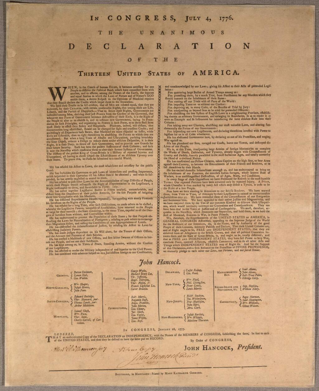 The Declaration of Independence printed with the names of the signers. Mary Katherine Goddard's name is at the bottom. (Library of Congress, Rare Book and Special Collections Division, Continental Congress & Constitutional Convention Broadsides Collection)