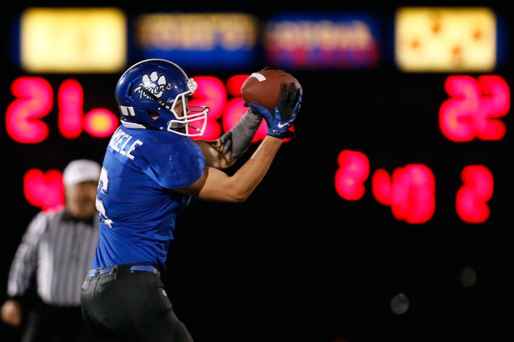 Analy's Schuyler Van Weele (6) makes a catch during the first half of the Sonoma County League championship football game between Petaluma and Analy high schools, in Rohnert Park, California on Friday, November 6, 2015. (Alvin Jornada / The Press Democrat)