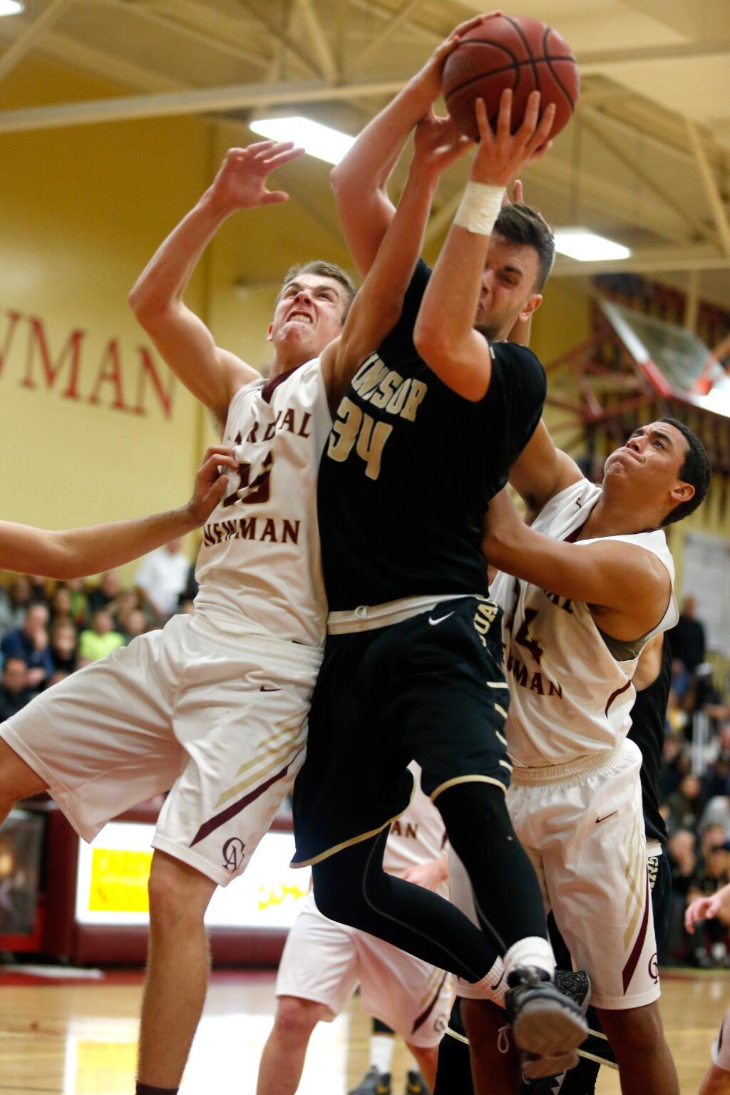 Windsor's Brent Tucker (34) comes down with a rebound between Cardinal Newman's Gavin Dove (15), left, and Jalen Dural (34) during the second half of a boys varsity basketball game between Windsor and Cardinal Newman high schools, in Santa Rosa, California, on Wednesday, January 13, 2016. (Alvin Jornada / The Press Democrat)