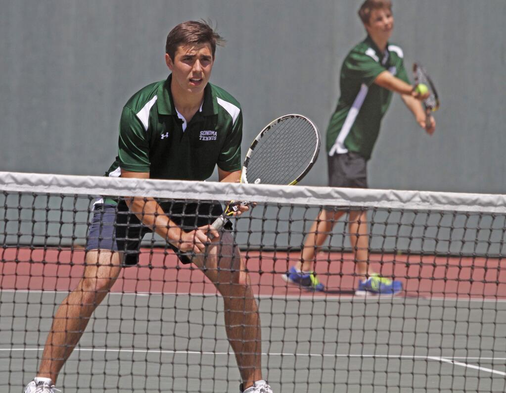 Bill Hoban/Index-TribuneSonoma's Miles Pimentel, foreground, and Ben Regoli won the Sonoma County League's tennis doubles championship Friday.