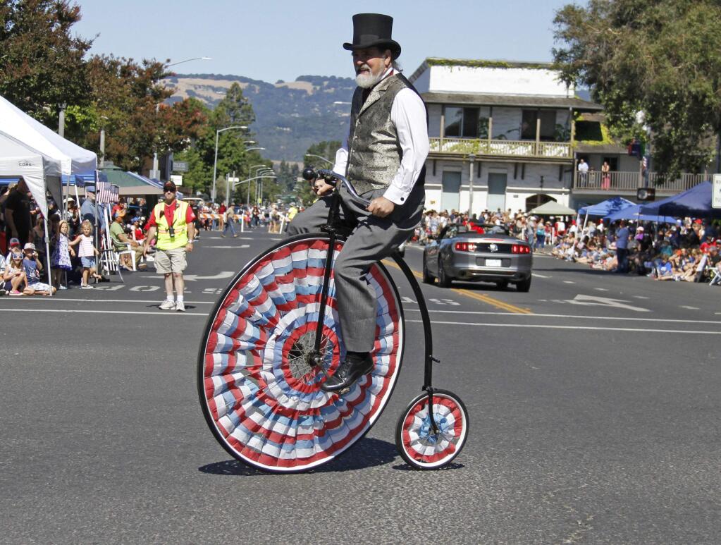 Roger Rhoten rode his penny farthing in his annual appearance in Sonoma's July 4 parade Tuesday morning.Photos by Bill Hoban/Index-Tribune