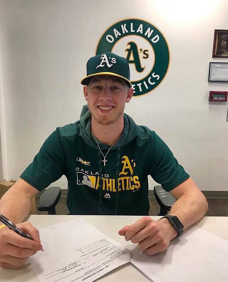 Oakland A's pitching prospect Nathan Patterson signs a contract with the team. The 23-year-old was discovered by the A's after he hit 96 mph at a minor league radar booth last year.