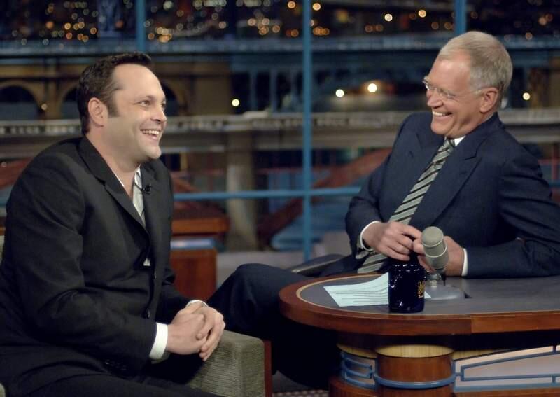 This photo, supplied by CBS, shows actor Vince Vaughn visiting with CBS' David Letterman during an interview that involved a discussion about his relationship with Jennifer Aniston during the taping earlier this week of 'The Late Show with David Letterman' that will be aired Friday, May 5, 2006, (AP Photo/ John Paul Filo,CBS)