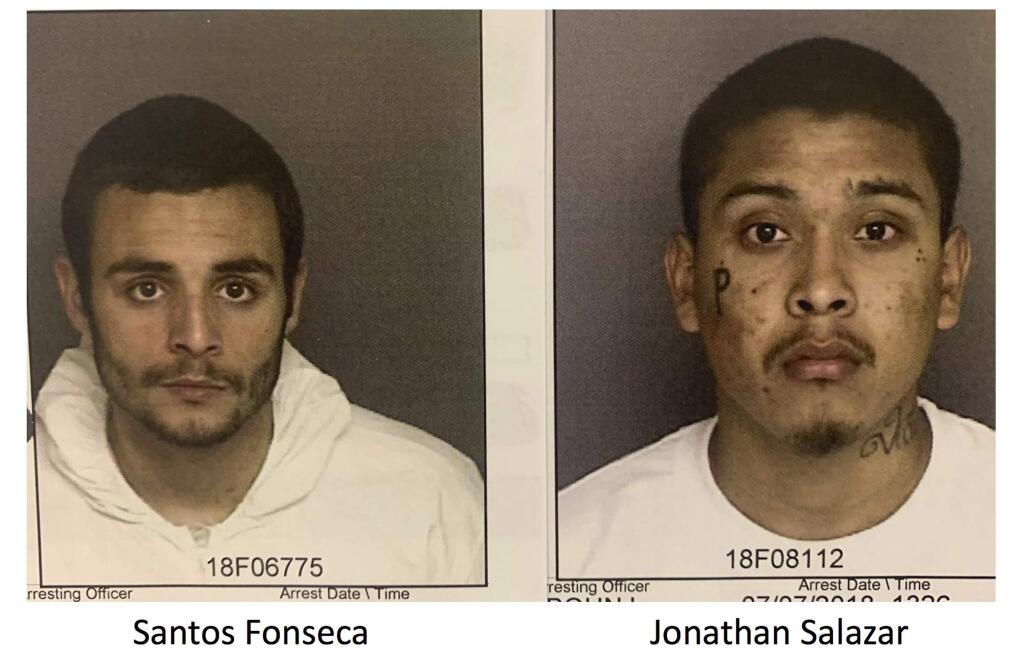 This combination image of undated photos released by the Monterey County Sheriff's Office shows Santos Fonseca, left, and Jonathan Salazar. The two inmates charged with murder broke out of a California jail over the weekend after climbing through a hole they made in a bathroom ceiling of their housing unit and then squeezing through a wall before finding an escape hatch, authorities said Monday, Nov. 4, 2019. They were reported missing Sunday morning, Monterey County sheriff's Capt. John Thornburg said. (Monterey County Sheriff's Office via AP)