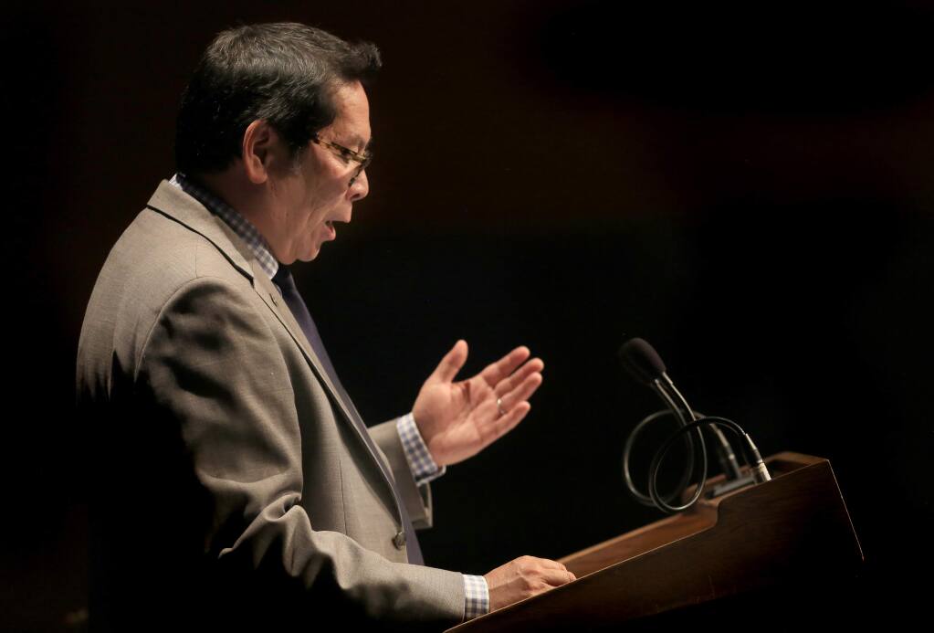 Santa Rosa Junior College President Dr. Frank Chong gives his President's Address to the Community, Thursday May 28, 2015, at Haehl Pavilion on the SRJC campus in Santa Rosa. (Kent Porter / Press Democrat)