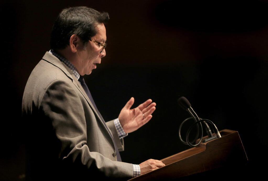 Santa Rosa Junior College President Dr. Frank Chong gives his President's Address to the Community, Thursday May 28, 2015 at Haehl Pavilion on the SRJC campus in Santa Rosa. (Kent Porter / Press Democrat) 2015